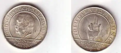 Silber Münze 3 Mark Verfassung "Schwurhand" 1929 J (BN9072)