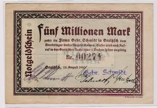 5 Millionen Mark Banknote Firma Gebr.Schmidt Groitzsch 15.8.1923 (120289)