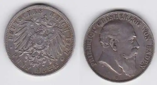 5 Mark Silbermünze Baden Großherzog Friedrich 1907 Jäger 33  (141813)