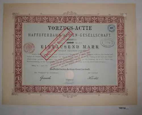 1000 Mark Aktie Haffuferbahn AG Elbing 1. April 1899 (126739)