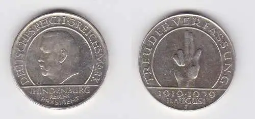 Silber Münze 3 Mark Verfassung "Schwurhand" 1929 J (131197)