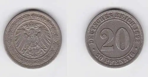 20 Pfennig Nickel Münze Deutsches Reich 1892 A Jäger 14 vz (150355)