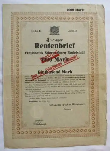 1.000 Mark Aktie Rentenbrief Freistaat Schwarzburg-Rudolstadt 01.05.1919(143967)