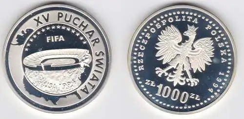 1000 Zlotych Zloty Silber Münze Polen 1994 Fifa Fussball WM USA 1994 (155198)