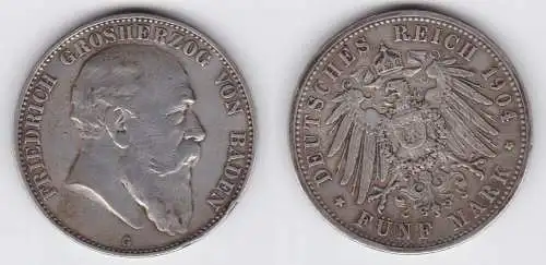 5 Mark Silbermünze Baden Großherzog Friedrich 1904 Jäger 33  (126670)