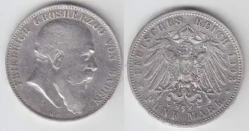 5 Mark Silbermünze Baden Großherzog Friedrich 1903 Jäger 33  (104090)