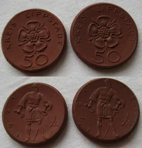 2 x 50 Pfennig Porzellan Münzen Kreis Lippstadt 1921 (153351)