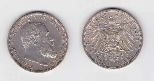 3 Mark Silber Münze Wilhelm II König von Württemberg 1912 f.vz (134432)