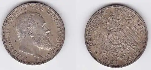 3 Mark Silbermünze Württemberg König Wilhelm II 1910 Jäger 175 (122718)