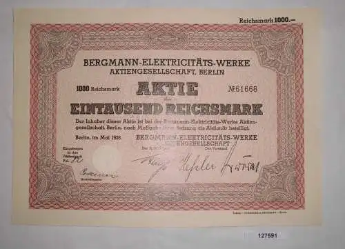 1000 Mark Aktie Bergmann Elektrizitätswerke AG Berlin Mai 1938 (127591)