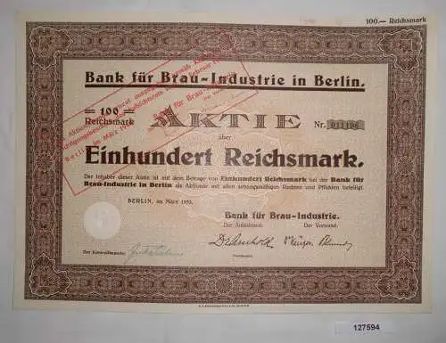 100 Mark Aktie Bank für Brau Industrie in Berlin März 1933 (127594)