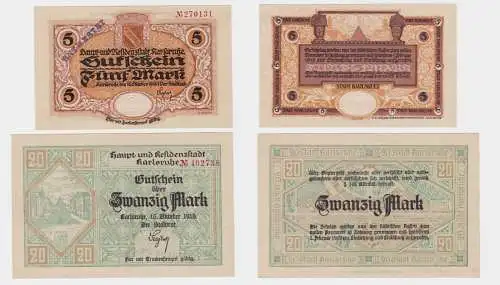 5 und 20 Mark Banknote Notgeld Stadt Karlsruhe 16.10.1918 (132026)