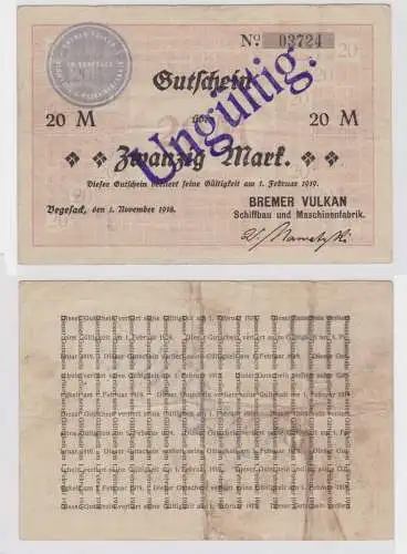 20 Mark Banknote Notgeld Bremer Vulkan Werft Vegesack 01.11.1918 (135477)