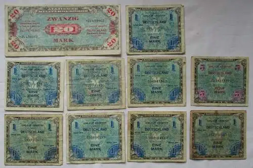 10 Banknoten 1 bis 20 Mark alliierte Besatzung 1944 (101685)