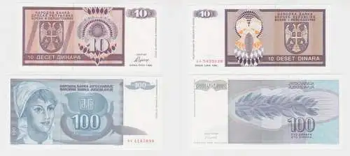 10 und 100 Dinar Banknoten Jugoslawien 1992 kassenfrisch UNC (138253)