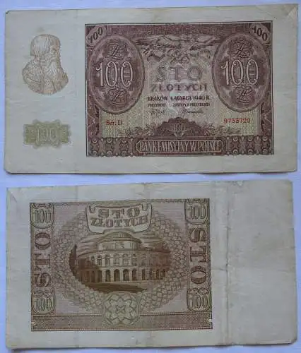 100 Zloty Banknote Polen Krakow Krakau 1.März 1940 (100630)