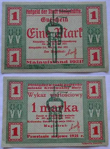 1 Mark Banknote Notgeld Stadt Königshütte Chorzów 1921 (102963)