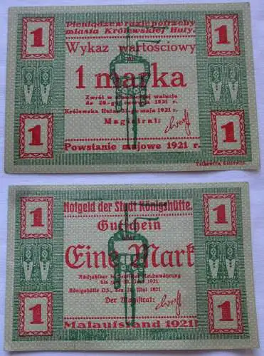 1 Mark Banknote Notgeld Stadt Königshütte Chorzów 1921 (102110)