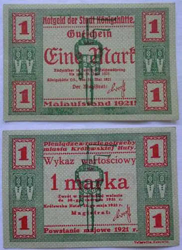 1 Mark Banknote Notgeld Stadt Königshütte Chorzów 1921 (101169)