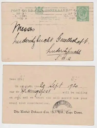 34915 seltener Ganzsachen Postkarte von Kapstadt nach Lüderitzbucht SWA 1920