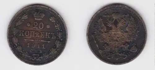 20 Kopeken Silber Münze Russland 1911 ss (155556)