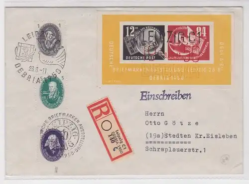 907186 DDR Brief Einschreiben Briefmarkenausstellung DEBRIA Leipzig 1950 Block 7