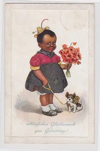 904921 Herzlichen Glückwunsch zum Geburtstag Ak farbiges Mädchen mit Hund 1911