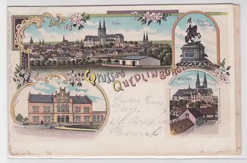 903634 Ak Lithographie Gruß aus Quedlinburg Bahnhof, Kriegerdenkmal usw. 1905
