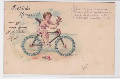 98071 Fröhliche Pfingsten Ak Engel fährt geschmücktes Fahrrad 1901