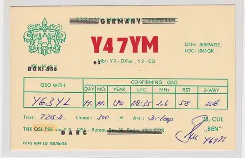 49877 QSL Karte Amateur Funker DDR Jesewitz mit Stadtwappen 1990
