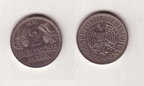 2 Mark Nickel Münze BRD Trauben und Ähren 1951 D (112488)