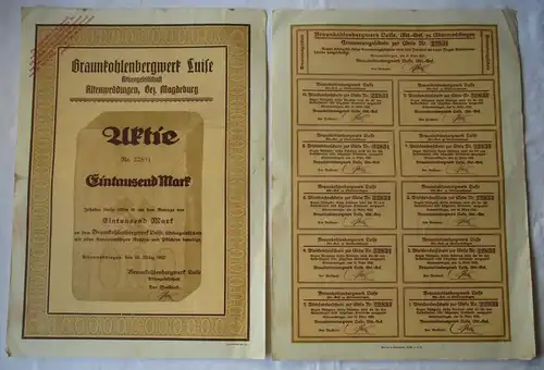 1000 Mark Aktie Braunkohlenbergwerk Luise Altenweddingen 10.03.1923 (128512)