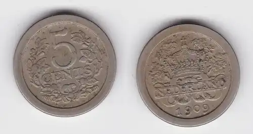 5 Cent Kupfer Nickel Münze Niederlande 1909 ss+ (138281)