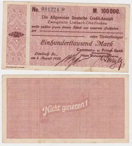 100000 Mark Banknote allg. dt. Credit Anstalt Limbach 5.8.1923 (130313)