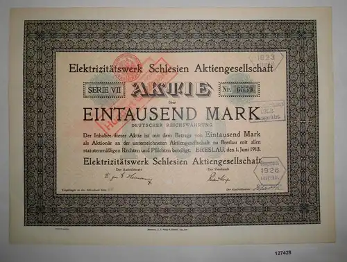 1000 Mark Aktie Elektrizitätswerk Schlesien AG Breslau 1. Juni 1913 (127428)