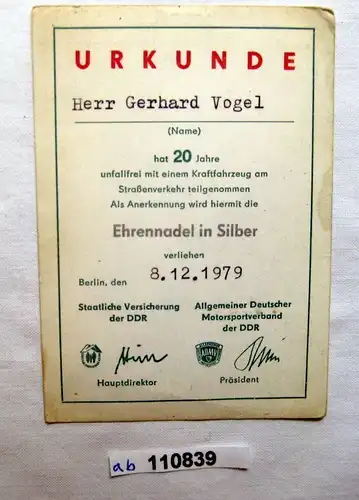 DDR Urkunde ADMV Ehrennadel in Silber für 20 Jahre unfallfreies Fahren (110839)
