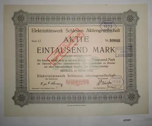 1000 Mark Aktie Elektrizitätswerk Schlesien AG Breslau Februar 1922 (127423)
