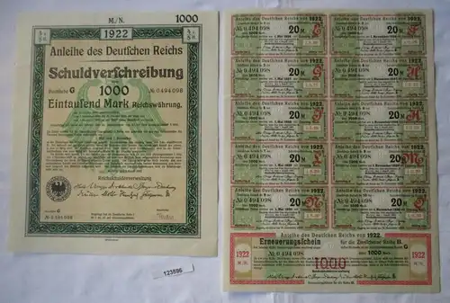1000 Mark Aktie Schuldenverschreibung deutsches Reich Berlin 01.08.1922 (123596)