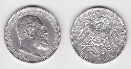 3 Mark Silber Münze Wilhelm II König von Württemberg 1909 f.vz (151496)