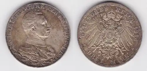 3 Mark Silbermünze Preussen Kaiser Wilhelm II in Uniform 1913 Jäger 112 (156081)