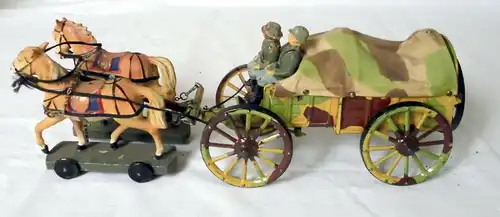 Blechspielzeug Lineol Planwagen Munitionspferdewagen mit 3 Soldaten (101061)