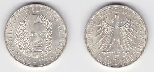 5 Mark Silber Münze Deutschland Gottfried Wilhelm Leibniz 1966 D (153337)