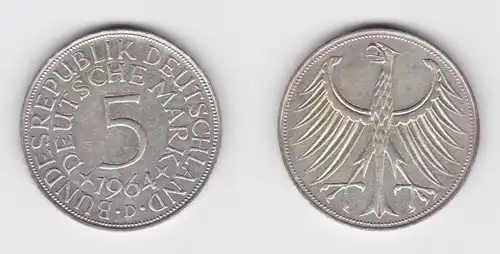 5 Mark Silber Kurs Münze "Silberadler" Deutschland 1964 D vz (155330)