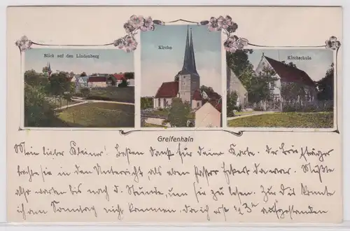 900795 AK Greifenhain - Kirche, Kirchschule, Blick auf den Lindenberg 1909