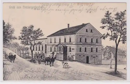 900923 AK Gruß aus Niedergräfenhain - Gasthof mit Fuhrwerken 1909