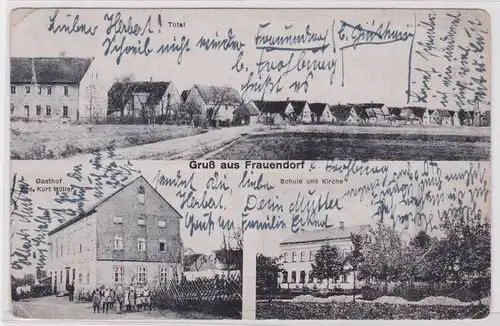 900161 AK Gruß aus Frauendorf - Total, Gasthof Kurt Müller, Schule, Kirche 1912