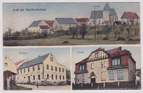 900144 AK Gruß aus Oberfrankenhain - Kirche, Schule, Gasthof, Bahnpost 1916