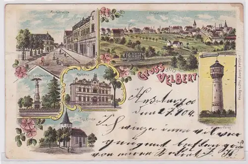 900375 AK Gruss aus Velbert - Kirche, Rathaus, Krieger-Denkmal, Poststrasse 1904