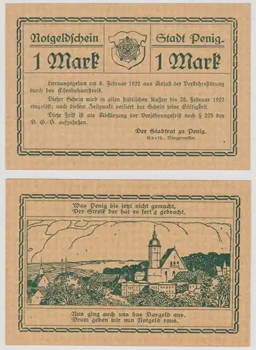 seltene Banknote Notgeld 1 Mark Stadt Penig 6.2.1922 (137029)