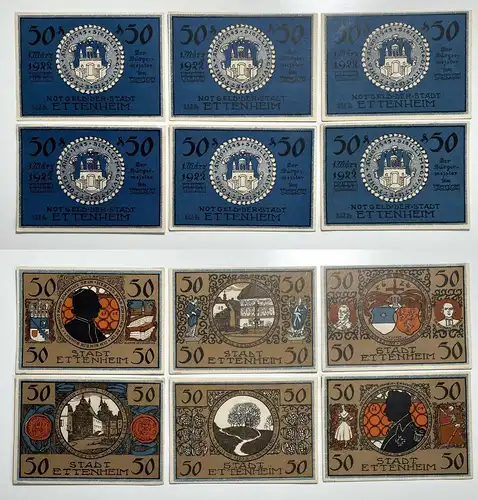 6 x 50 Pfennig Banknoten Notgeld Stadt Ettenheim 1.3.1922 (156125)